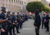 A standoff between police officers and protesters during a demonstration