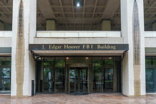 Entrance of the J. Edgar Hoover FBI Building in Washington D.C.