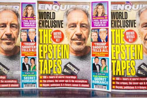 shutterstock_2554670375.jpg Tabloid magazine covers featuring headlines about Epstein and celebrity news