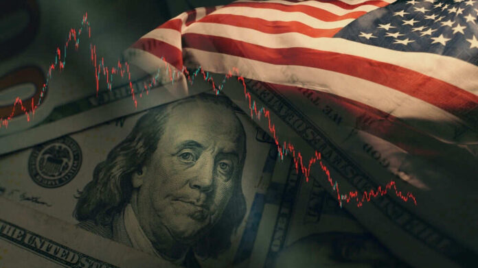 US flag dollar bill stock market decline graph